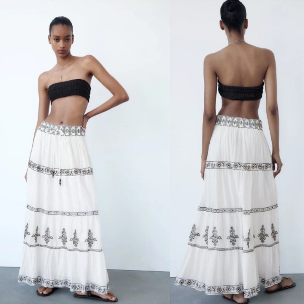 Zara Women White Embroidered Cotton Tiered Maxi‎ Skirt XL 7521/280/712 Boho New